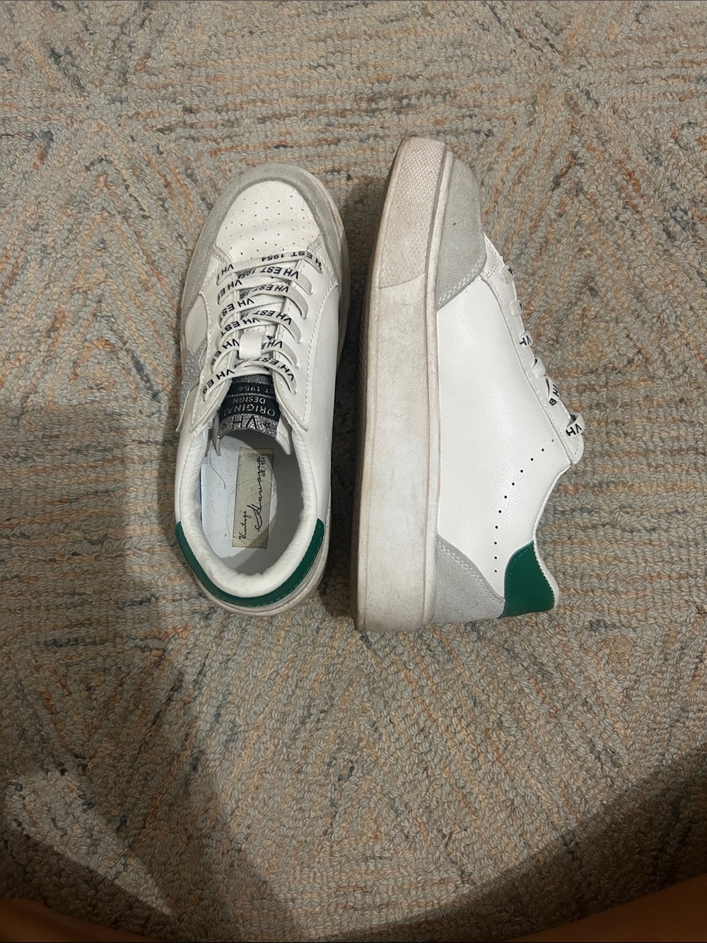 Vintage Havana White Leather Platform Sneakers with Green Heel